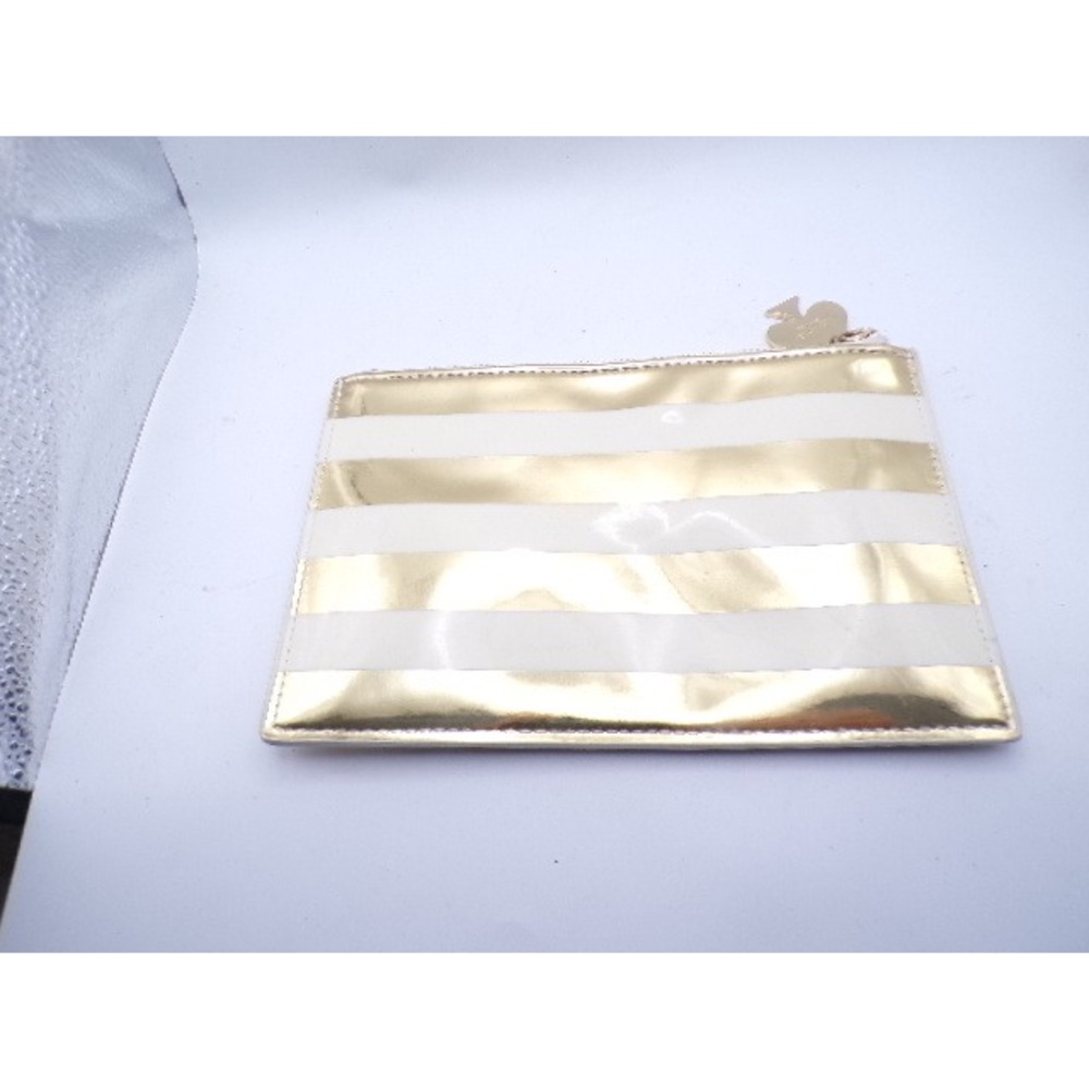 Kate Spade New York Gold White Stripe Cosmetic Makeup Pouch Bag